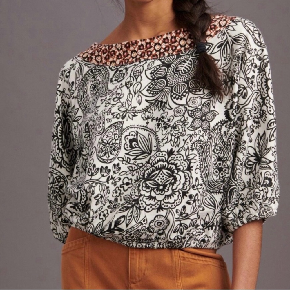 by Anthropologie Elastic Waist Top Paisley Floral Womens L Cotton Beachy Resort